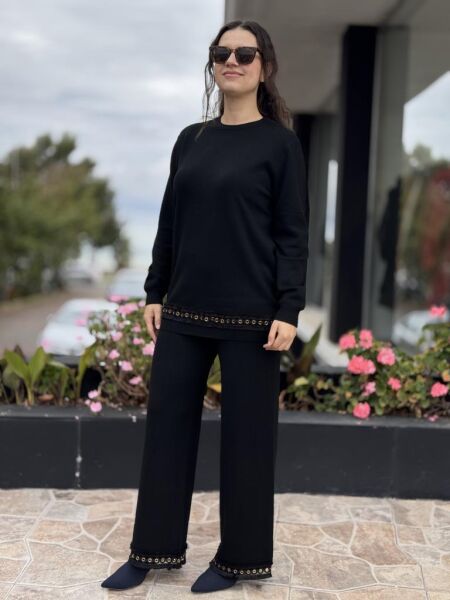 Tığ Triko Kuş Gözü Aksesurarlı Pantolonlu Triko Takım TKM22011