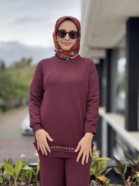 Tığ Triko Kuş Gözü Aksesurarlı Pantolonlu Triko Takım TKM22011