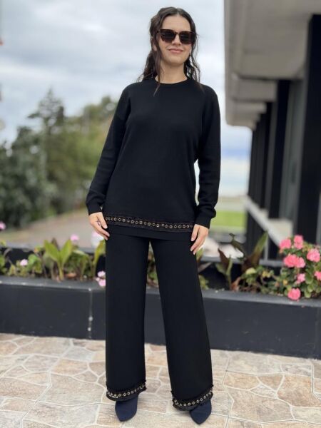 Tığ Triko Kuş Gözü Aksesurarlı Pantolonlu Triko Takım TKM22011