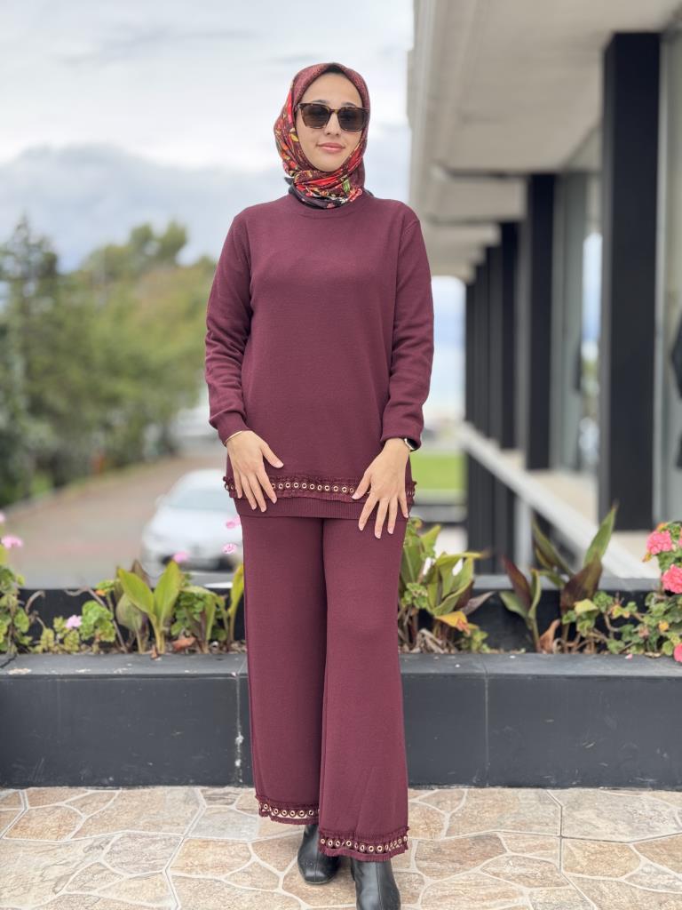 Tığ Triko Kuş Gözü Aksesurarlı Pantolonlu Triko Takım TKM22011