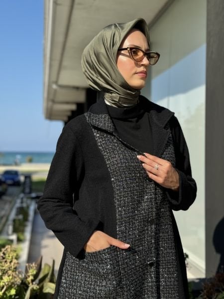 Almarwah Tüvit Detaylı Siyah Kap/Pardesü 505293
