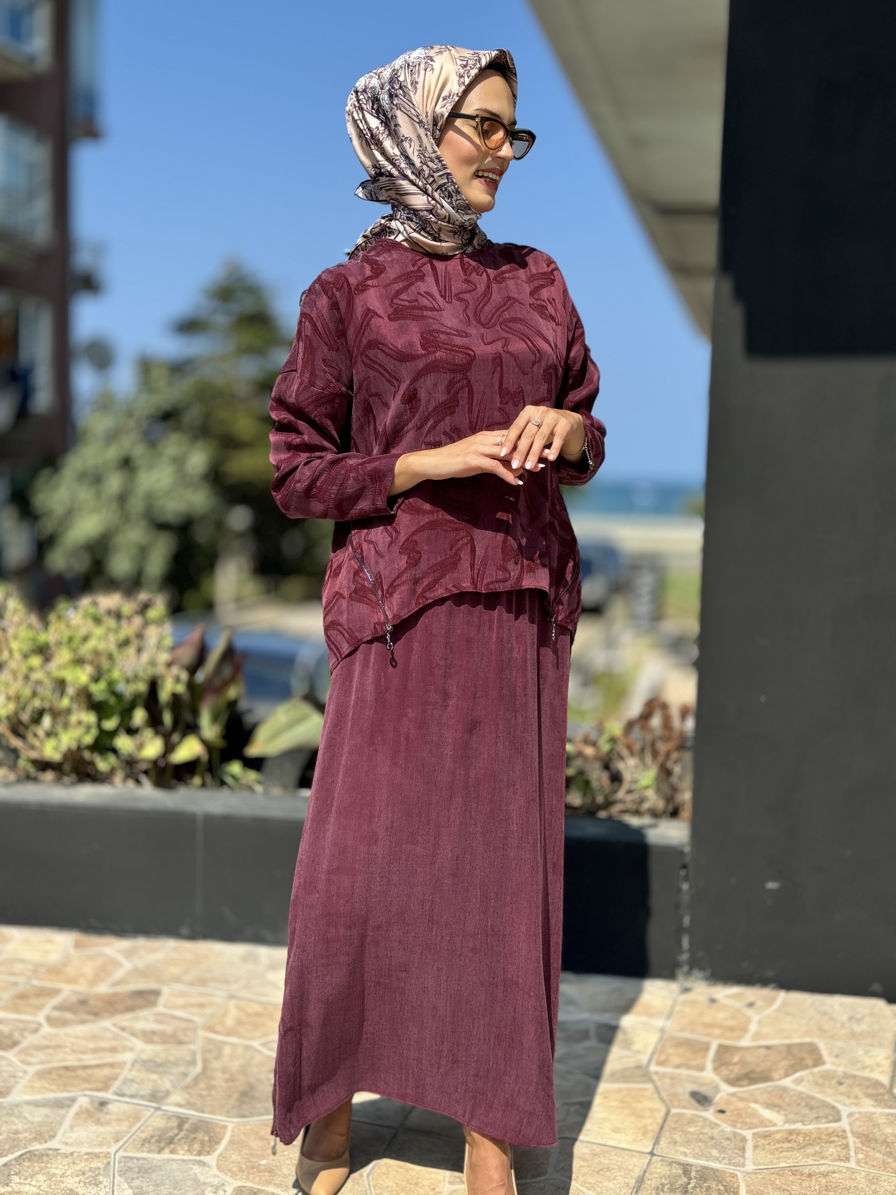 Almarwah Yandan Fermuarlı Cupra İpek Etek Bluz Takım 202622