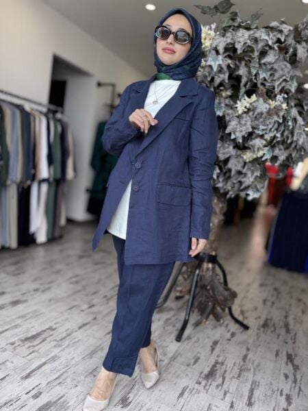 Misswhence Keten Kruvaze Ceket Pantolon Takım 37207