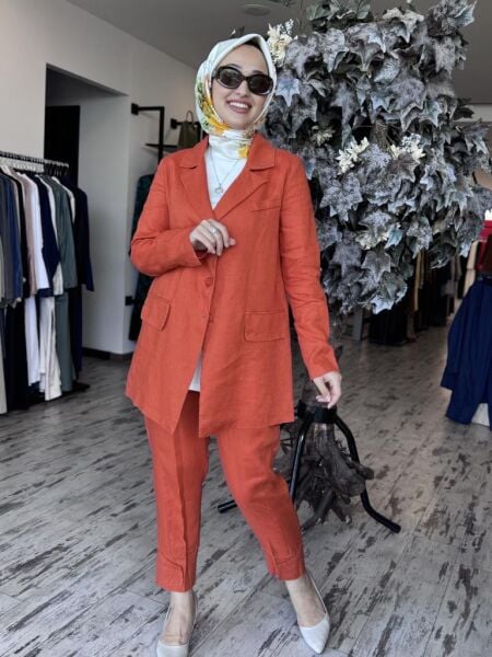 Misswhence Keten Kruvaze Ceket Pantolon Takım 37207