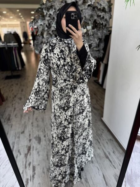 Almarwah Önü Büzgülü Astarlı Desenli Saten Elbise 90482