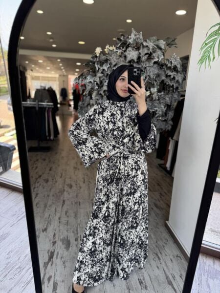Almarwah Önü Büzgülü Astarlı Desenli Saten Elbise 90482