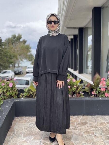 Tığ Triko Saten Kurdele Detaylı Etekli Takım TKM5045