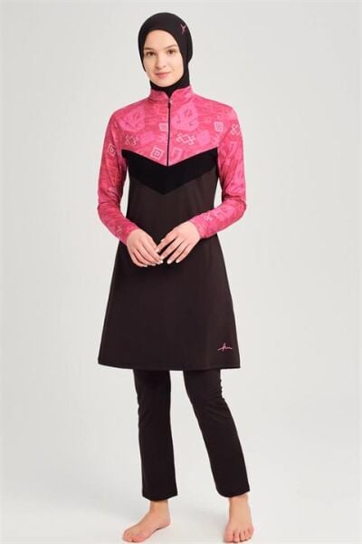 Haşema Anadolu Serisi Likralı Siyah-Fuşya 5 Parça Tesettür Mayo Takımı HSM3071 SİYAH FUŞYA - M