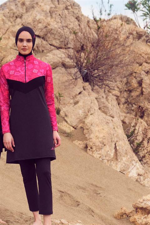 Haşema Anadolu Serisi Likralı Siyah-Fuşya 5 Parça Tesettür Mayo Takımı HSM3071 SİYAH FUŞYA - XL