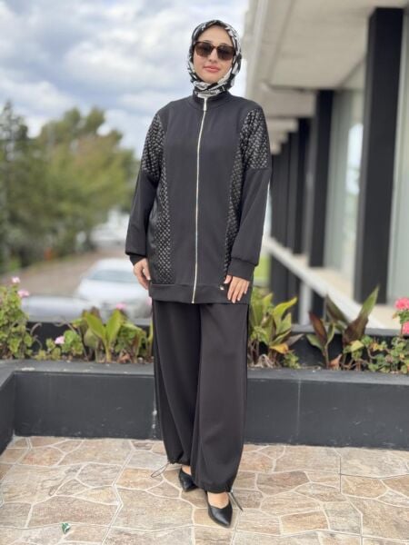 Ghisa Deri ve Payet Detaylı Kap Pantolon Takım G4147