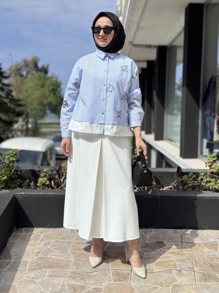 Ghisa Çizgili Gömlek Denim Etek Takım 4026