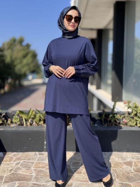 Tığ Triko Nervür Detaylı Tunik Pantolon Takım TKM3031