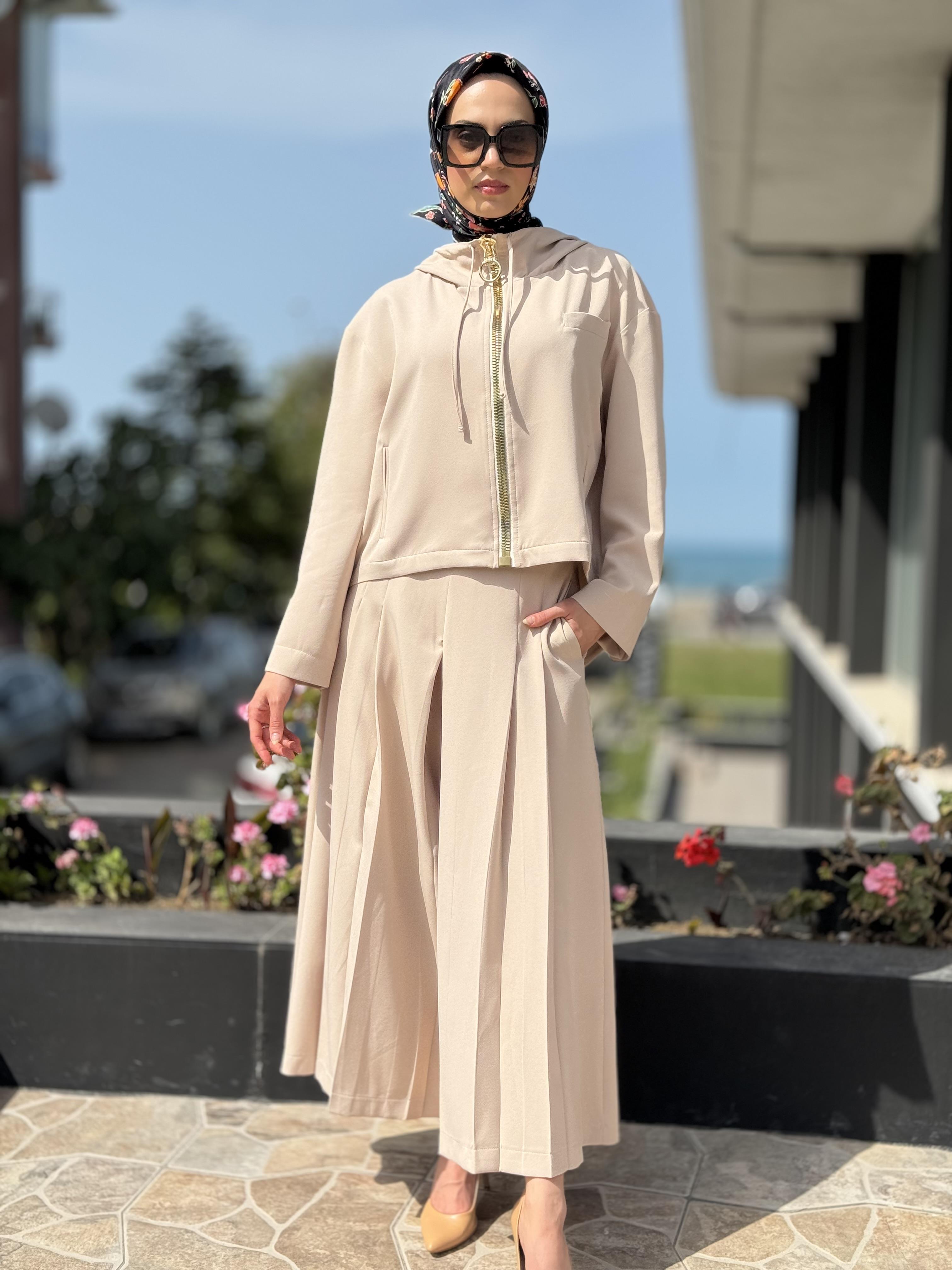 Qupra Fermuarlı Ceket/Kap Pantolon Takım QAY62071 BEJ - 1