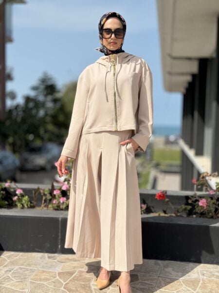 Qupra Fermuarlı Ceket/Kap Pantolon Takım QAY62071 BEJ - 1