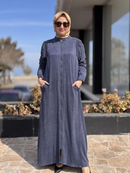 Almarwah Omuzları Nervür Detaylı Fermuarlı Cupra İpek Kap 404947