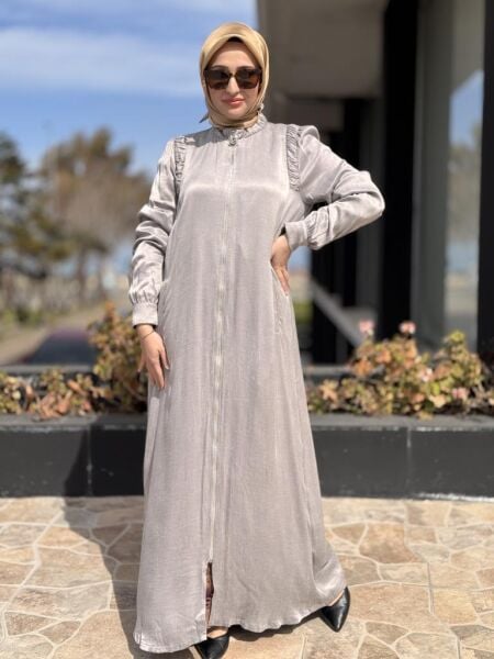 Almarwah Omuzları Nervür Detaylı Fermuarlı Cupra İpek Kap 404947