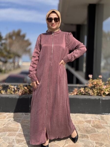 Almarwah Omuzları Nervür Detaylı Fermuarlı Cupra İpek Kap 404947