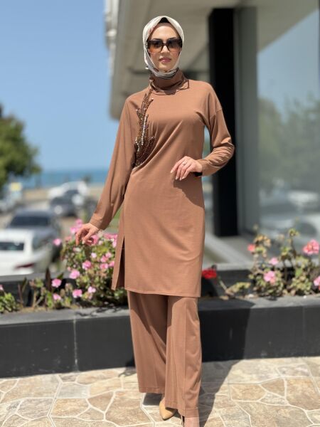 Qupra Göğüsü Taşlı Maxi Tunik Pantolon QAY62117 KAHVE - 1