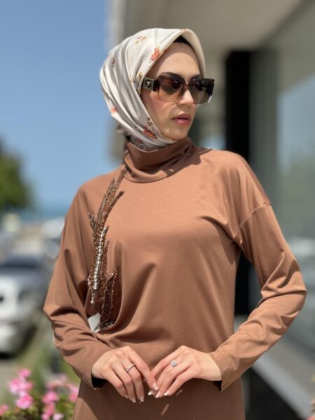 Qupra Göğüsü Taşlı Maxi Tunik Pantolon QAY62117 KAHVE - 1