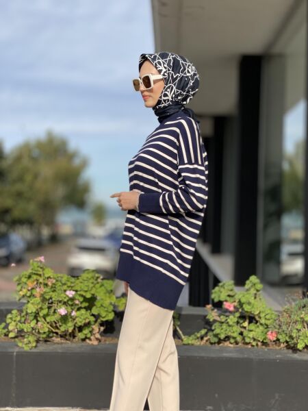 Tığ Triko Çizgili Yün Triko Tunik TNK21495 LACİVERT-VANİLYA - XL