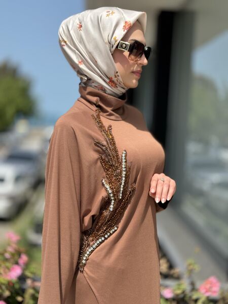 Qupra Göğüsü Taşlı Maxi Tunik Pantolon QAY62117 KAHVE - 2