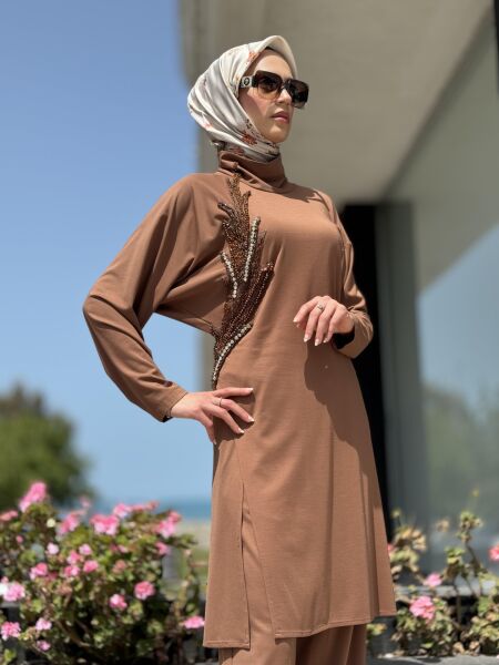 Qupra Göğüsü Taşlı Maxi Tunik Pantolon QAY62117 KAHVE - 2