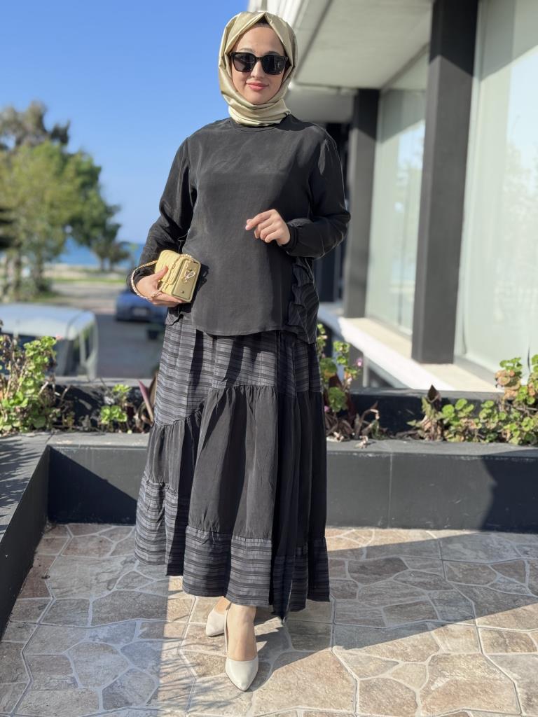 Misswhence Çizgi Detaylı Cupra Bluz Etek Takım 37016