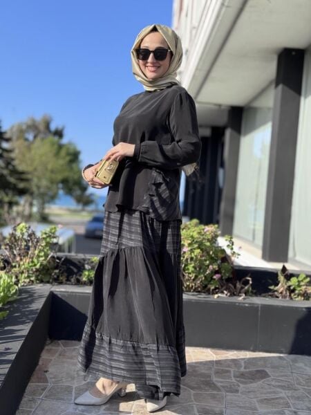 Misswhence Çizgi Detaylı Cupra Bluz Etek Takım 37016