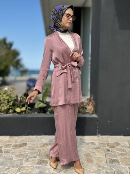 Ghisa Beli Kuşaklı Cupra İpek Ceket Pantolon Takım 3886