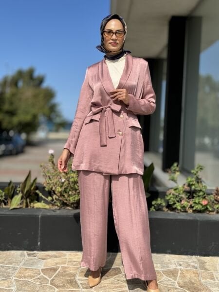 Ghisa Beli Kuşaklı Cupra İpek Ceket Pantolon Takım 3886