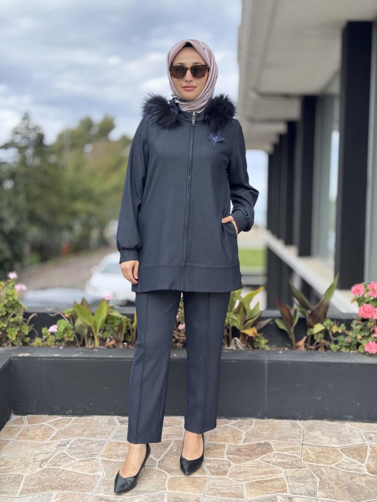 Qupra Kot Görünümlü Seyyar Kürk Kapüşonlu Kap Pantolon Takım WAC92066