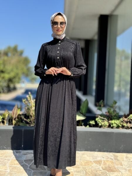 Almarwah Yarım Düğmeli Pili Detaylı Viscon Elbise 303752