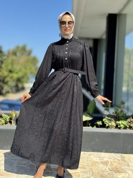 Almarwah Yarım Düğmeli Pili Detaylı Viscon Elbise 303752