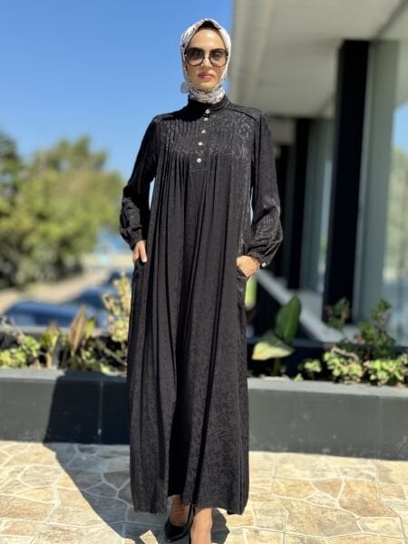 Almarwah Yarım Düğmeli Pili Detaylı Viscon Elbise 303752