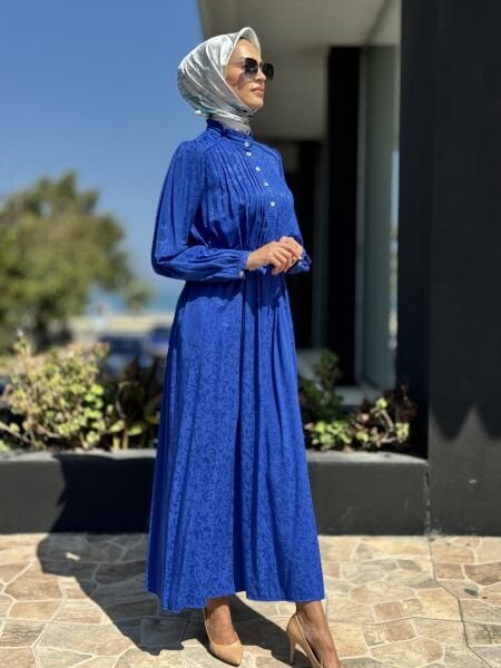 Almarwah Yarım Düğmeli Pili Detaylı Viscon Elbise 303752