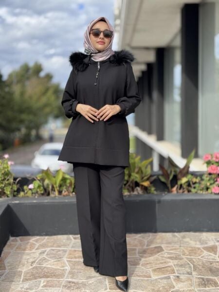 Qupra Seyyar Kürk Kapüşonlu Kap Pantolon Takım WAC92001