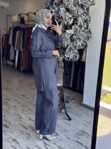 Tığ Triko Güpürlü Keten Tunik Pantolon Takım TKM3086