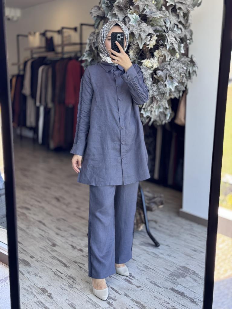 Tığ Triko Güpürlü Keten Tunik Pantolon Takım TKM3086