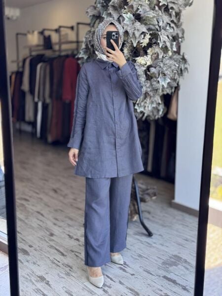 Tığ Triko Güpürlü Keten Tunik Pantolon Takım TKM3086