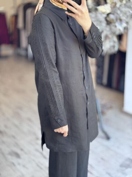 Tığ Triko Güpürlü Keten Tunik Pantolon Takım TKM3086