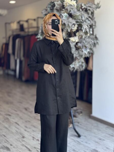 Tığ Triko Güpürlü Keten Tunik Pantolon Takım TKM3086