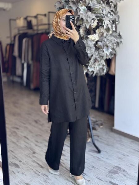 Tığ Triko Güpürlü Keten Tunik Pantolon Takım TKM3086