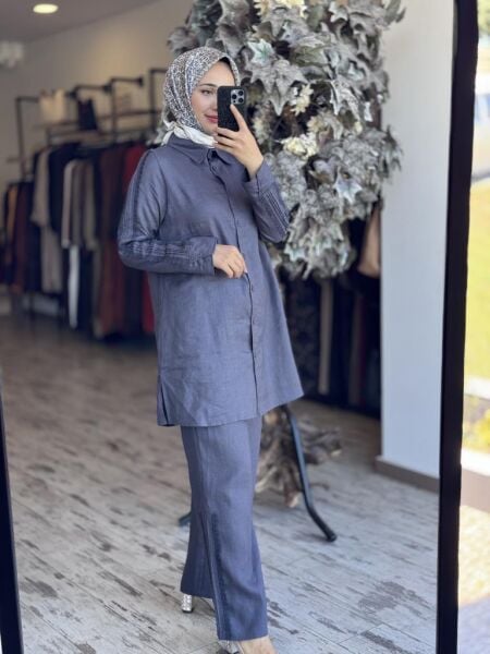 Tığ Triko Güpürlü Keten Tunik Pantolon Takım TKM3086