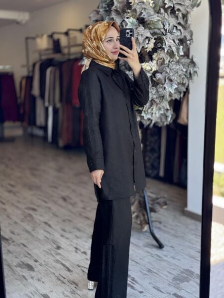 Tığ Triko Güpürlü Keten Tunik Pantolon Takım TKM3086