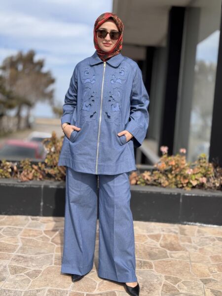 Qupra Nakış İşlemeli Fermuarlı Ceket Pantolon Takım WAB82002