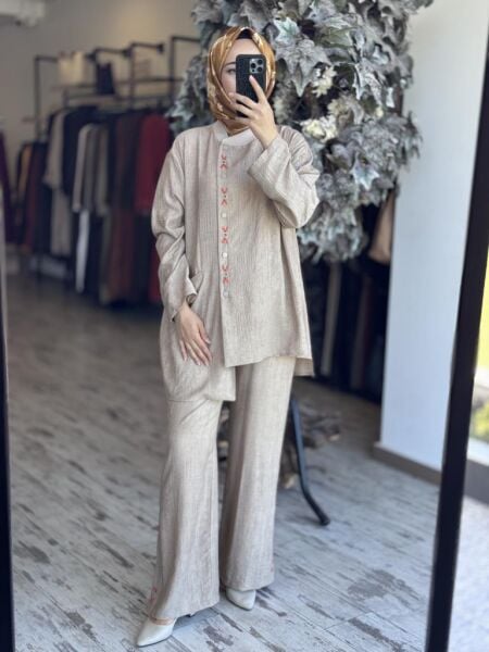 Tığ Triko Patı Çıtçıt ve El Nakış Detaylı Gömlek Pantolon Takım TKM3084