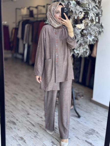 Tığ Triko Patı Çıtçıt ve El Nakış Detaylı Gömlek Pantolon Takım TKM3084