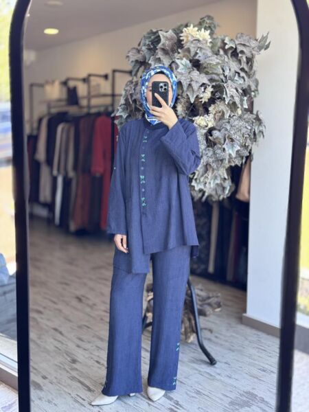 Tığ Triko Patı Çıtçıt ve El Nakış Detaylı Gömlek Pantolon Takım TKM3084