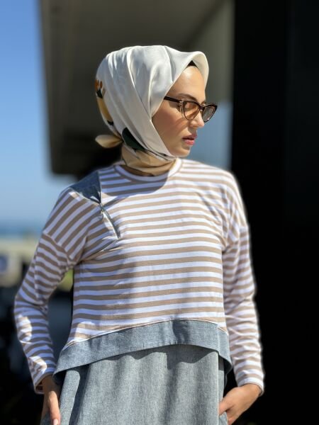 Almarwah Üstü Çizgili Bolerolu İkili Askılı Kot Elbise 202630 BEJ - 38