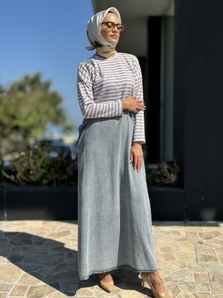 Almarwah Üstü Çizgili Bolerolu İkili Askılı Kot Elbise 202630 BEJ - 38